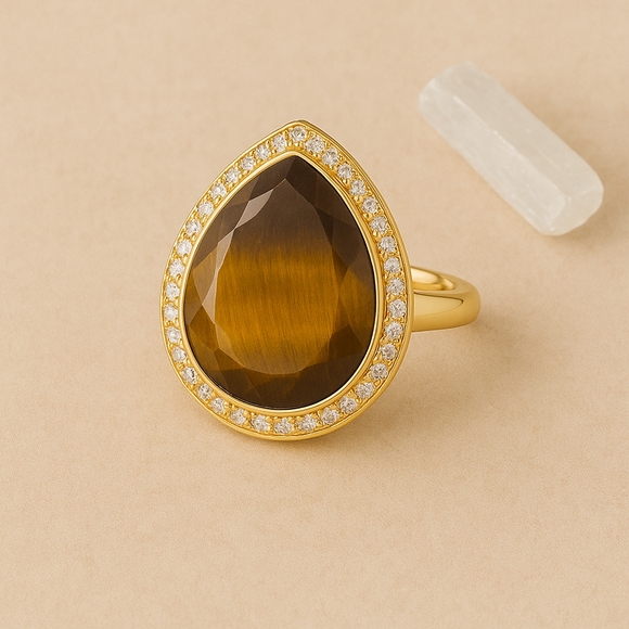Jewelry - Elegant Gold Plated Teardrop shaped Tiger's eye ring size nine Sterling silver